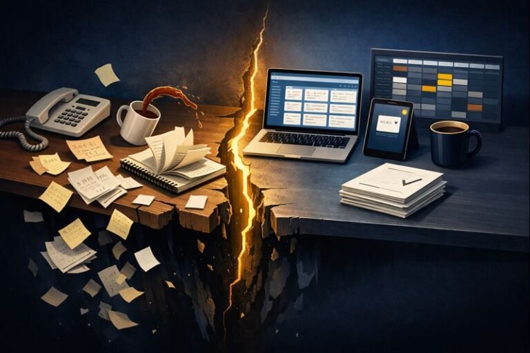 Split dispatch desk illustration: left side crumbling with scattered papers and tipping coffee, right side organized with laptop dashboard and neat scheduling board, gold-glowing crack divides chaos from control
