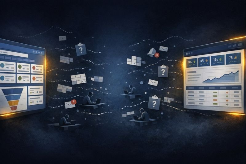 Split technology dashboard illustration: deal sourcing platform on left, portfolio operations dashboard on right, dark vacuum between them with floating spreadsheet fragments and human figures representing manual integration work, gold glow at edges highlighting opportunity gap
