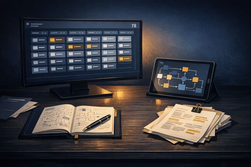 Editorial illustration of an R&D workspace with a large monitor displaying a 78-component inventory grid, tablet showing workflow diagrams, research papers held by gold binder clips, and an open engineering notebook with sketches on a dark slate desk surface. Navy background with warm screen glow creates an atmosphere of focused innovation.