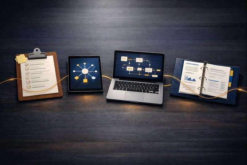 Editorial illustration of four methodology artifacts arranged left-to-right on a dark desk: clipboard with diagnostic checklist, tablet showing hub architecture, laptop displaying automation workflow, and professional binder with documentation. A subtle gold connecting line runs through all four items, representing the D.H.A.T. methodology phases.