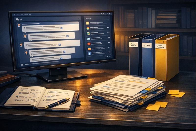Editorial illustration of a research analyst's desk with a large monitor displaying AI research interface with citations, three vertical standing folders representing different research domains, stacked research documents with colored tabs, and a synthesis notepad with handwritten notes on a dark slate desk surface.
