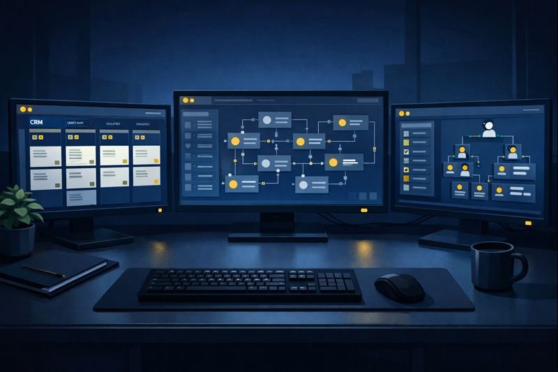 Editorial illustration of a multi-monitor command center with 3-4 screens showing different operational domains: CRM dashboard, content management, automation workflows, and project tracking. Gold status indicators show active systems. An organizational chart is visible on one display, representing AI agent hierarchy in a dark professional environment. ```