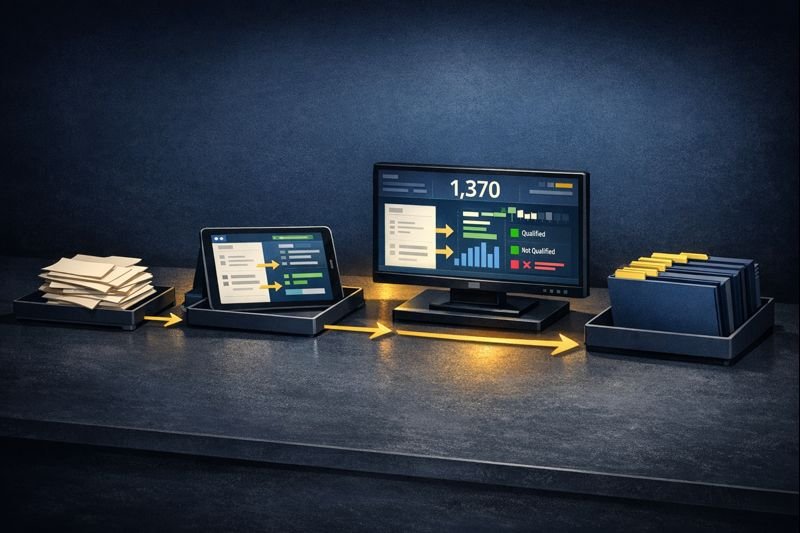 Editorial illustration of a research analyst's desk with a large monitor displaying AI research interface with citations, three vertical standing folders representing different research domains, stacked research documents with colored tabs, and a synthesis notepad with handwritten notes on a dark slate desk surface.