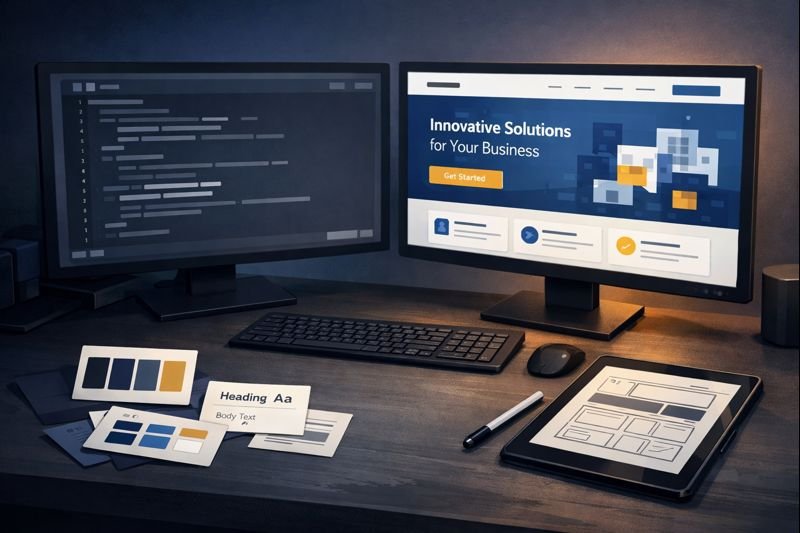 Editorial illustration of a dual-monitor web design workstation with left screen showing agent prompt code interface and right screen displaying a pixel-perfect rendered website. Style guide cards with color swatches and typography samples are scattered on the dark desk, alongside a tablet showing wireframe sketches.