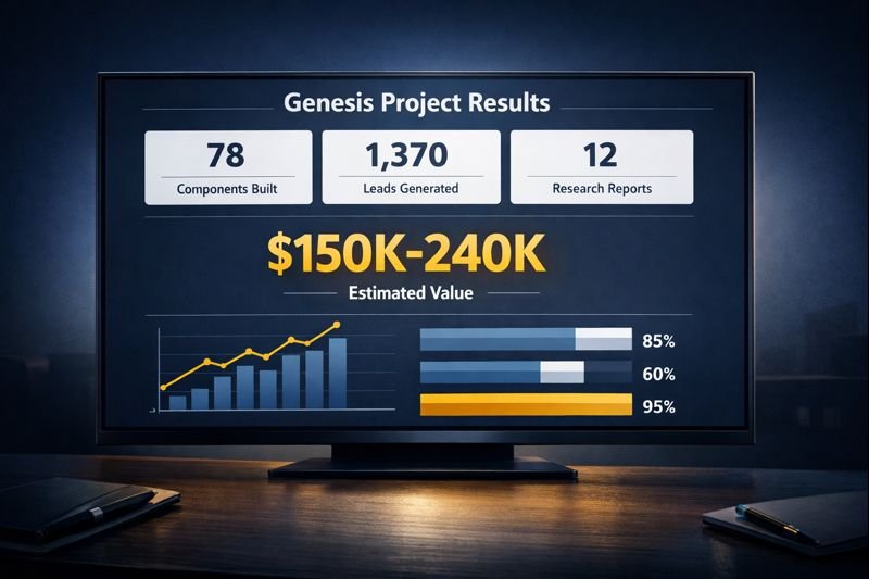 Editorial illustration of an executive dashboard display showing Genesis project results: metric cards displaying 78 components, 1,370 leads, 12 reports, and a prominently highlighted $150K-240K value estimate in gold. Clean data visualizations on a dark slate desk surface create a professional results summary atmosphere.