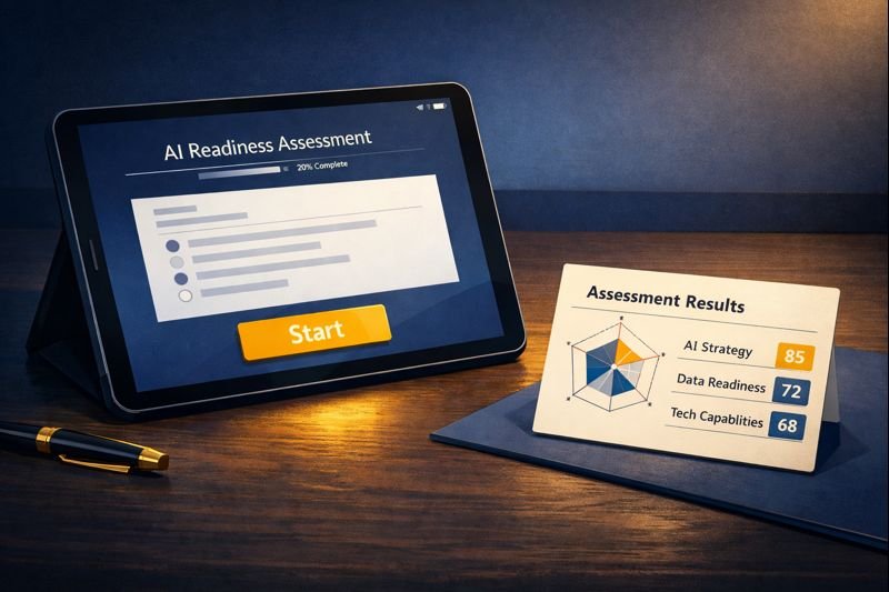 Editorial illustration of a tablet angled toward viewer showing an AI Readiness Assessment interface with a question screen, progress indicator, and prominent gold Start button. A results preview card nearby shows a sample score breakdown, representing the prospect's entry point to the diagnostic process.