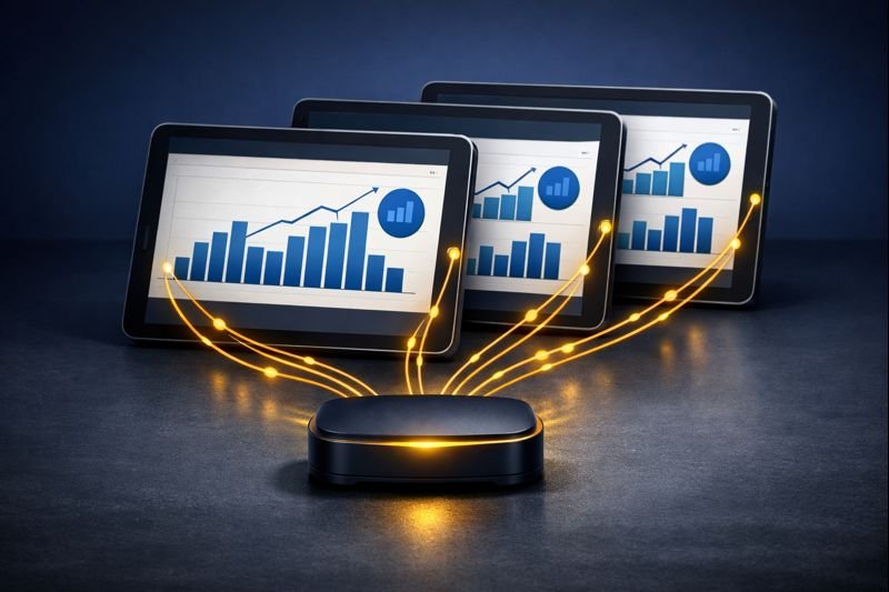 Editorial illustration of three identical tablets arranged in a cascading formation, each displaying the same abstracted dashboard interface, connected by thin gold data flow lines that converge at a central glowing hub device in front of the tablets. The scene represents one diagnostic methodology being synchronized across multiple portfolio companies through a connected digital system. Results of PE portfollio automation executed flawlessly.