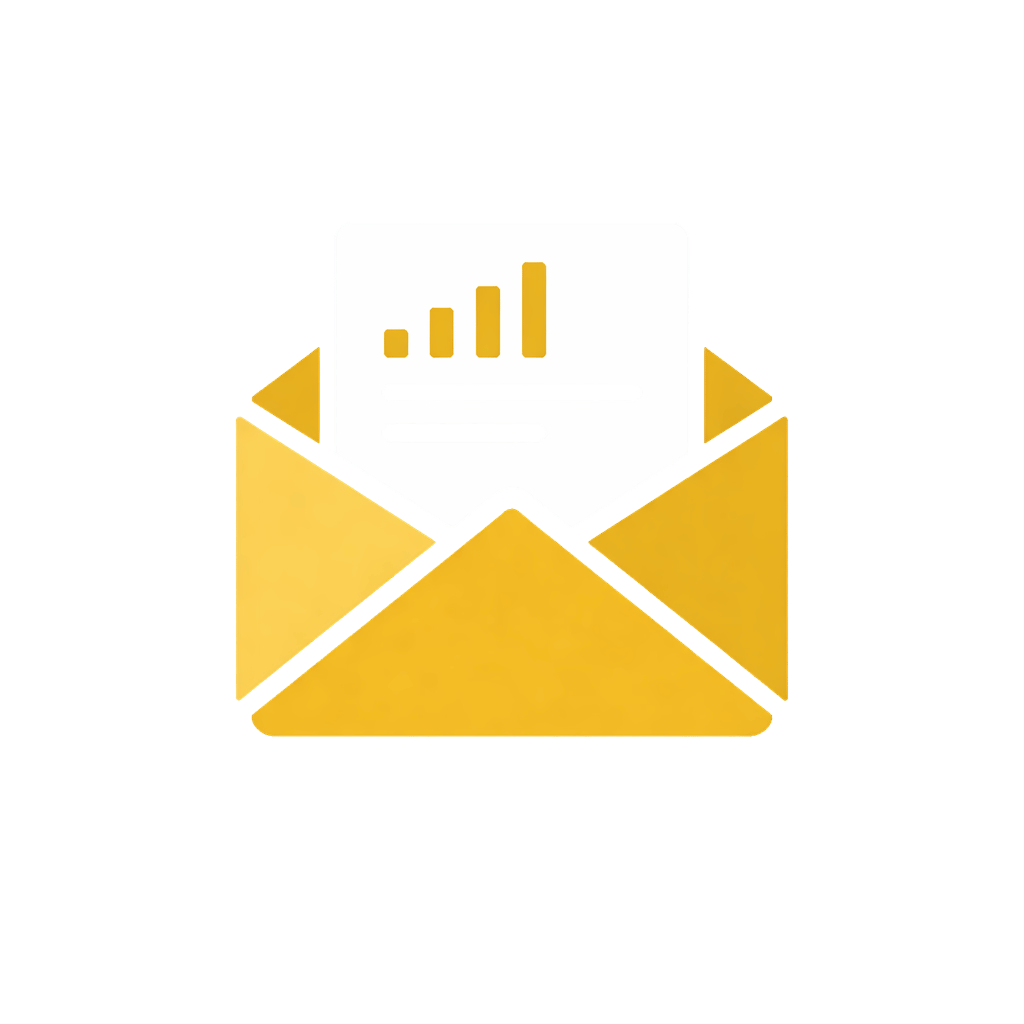 Minimal gold envelope with document icon on navy background representing personalized analysis report delivery.