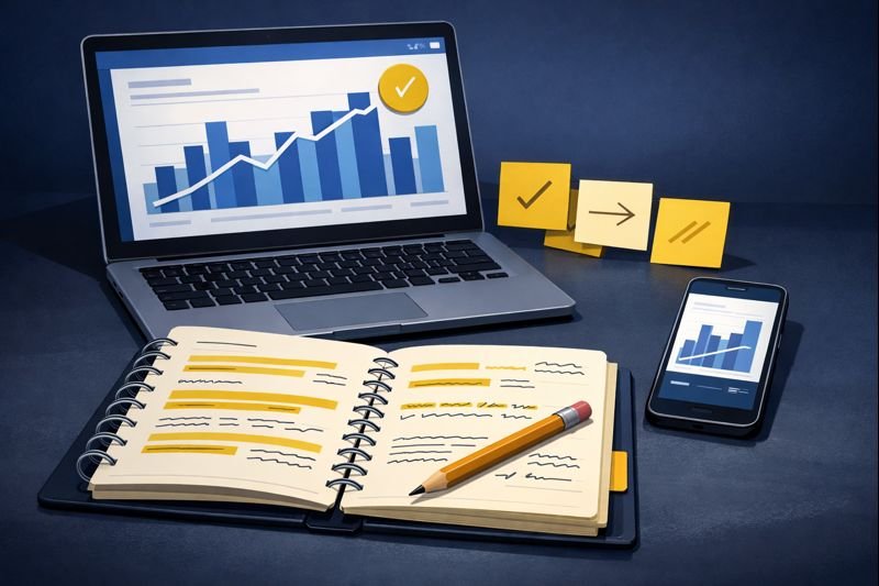 Editorial illustration of a laptop displaying an analytics dashboard with bar charts and trend lines, positioned behind an open spiral-bound playbook with highlighted sections. A smartphone shows a mobile dashboard view. Sticky notes with handwritten marks bridge the digital data and physical playbook, with a pencil resting on the open pages. The scene represents aggregate market data being translated into personalized, actionable strategy. perfect for Home Services Automation.