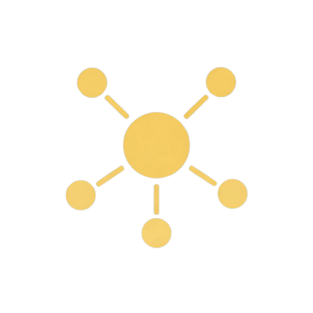 Minimal gold hub-and-spoke network icon on navy background representing the Hub phase of D.H.A.T. methodology.