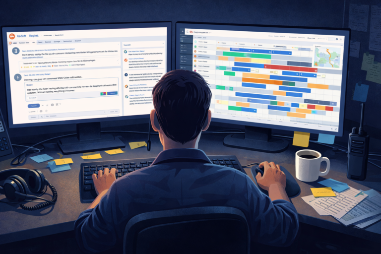 Dispatcher workstation with dual monitors: left screen shows Reddit contractor discussion thread, right screen displays ServiceTitan-style dispatch board with job assignments. Hands visible on keyboard and mouse, desk cluttered with headset, phone, coffee mug, and printed schedules. Represents the connection between contractor pain points expressed online and daily dispatch operations.