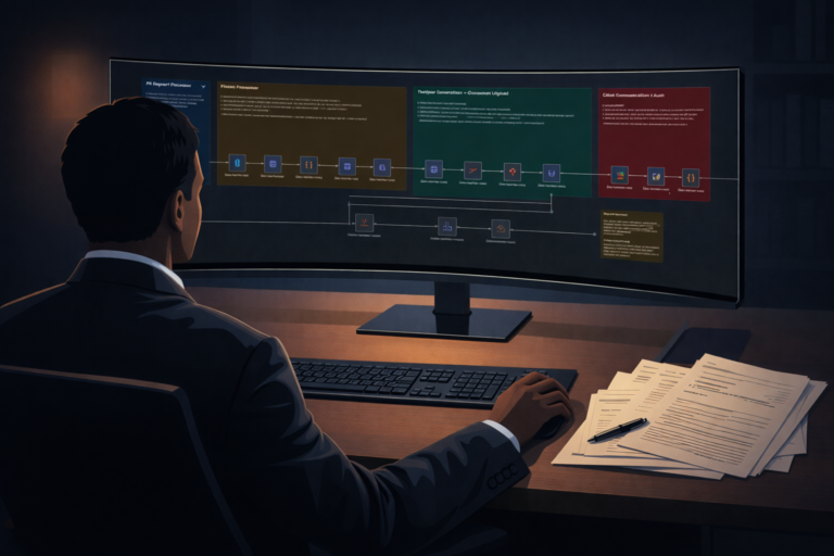 Over-the-shoulder view of a lawyer at a modern desk with a curved monitor displaying a colorful automation workflow pipeline, with legal documents and police reports on the desk surface